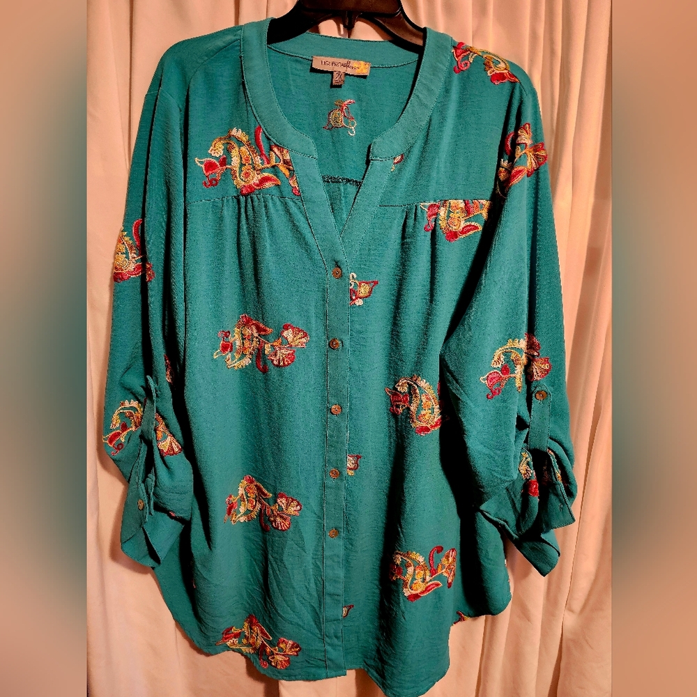 Figuetoa & Flowers Beautiful Teal  Button Down Shirt with Colorful  Pattern